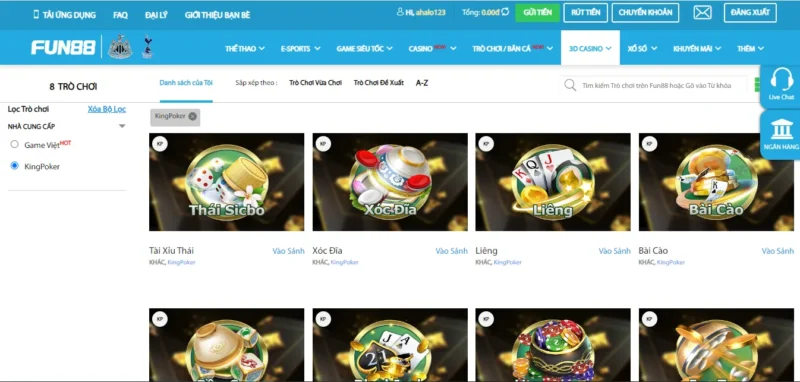 Sảnh 3D KingPoker tại Fun88 Sảnh 3D KingPoker tại Fun88