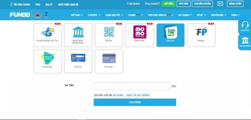 Nạp tiền từ Zalo Pay vào Fun88 Nạp tiền từ Zalo Pay vào Fun88